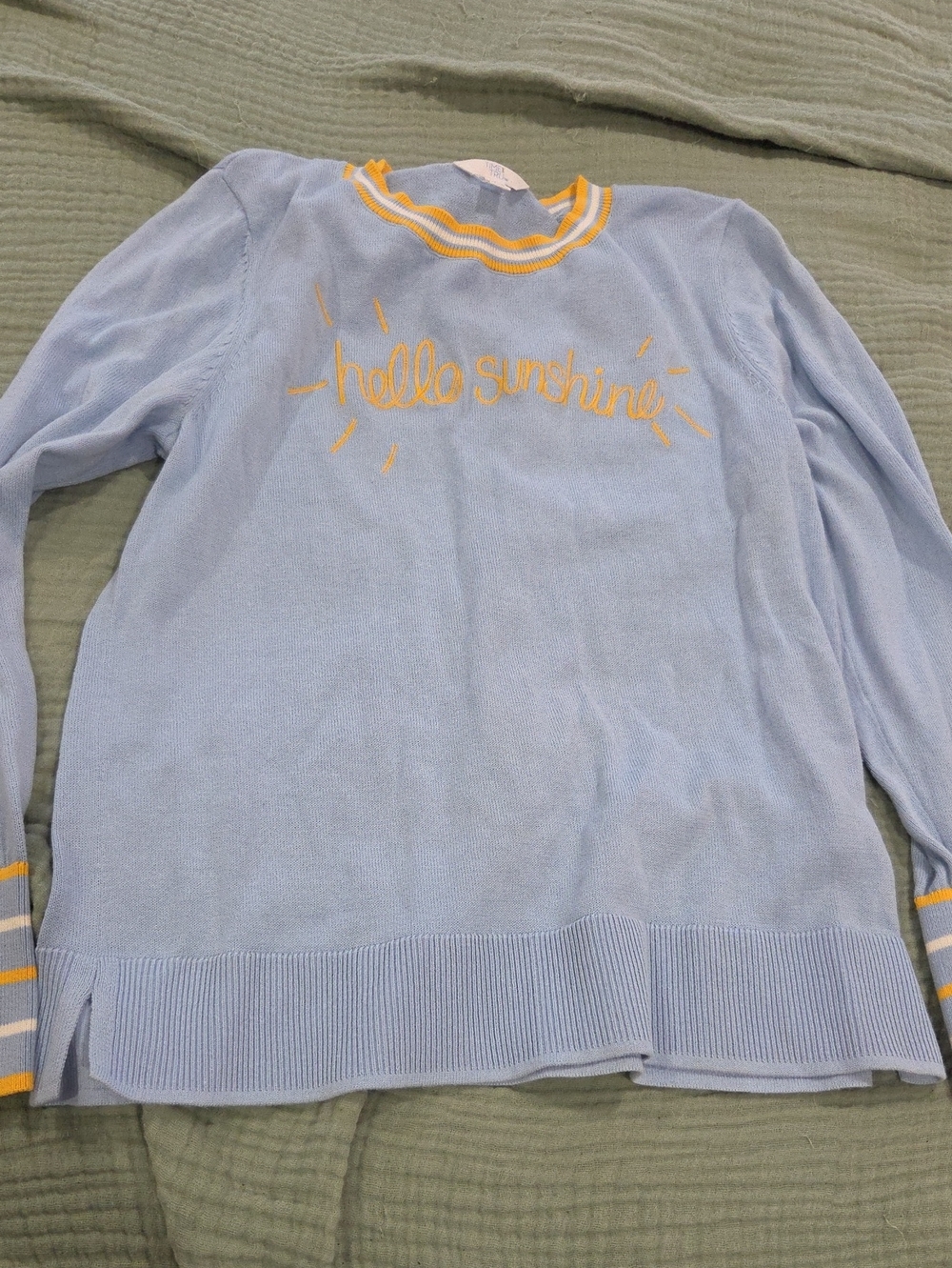Time and Tru Light Blue "Hello Sunshine" Crewneck Sweater with Yellow Trim